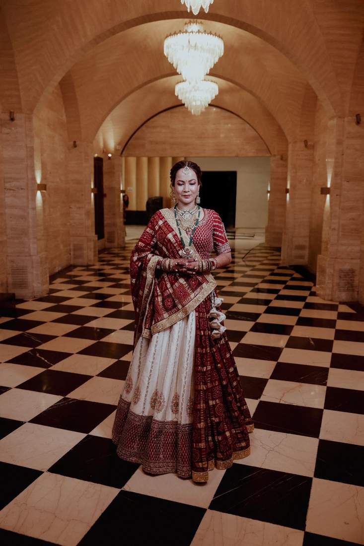 Bride solo portrait in a marble hall