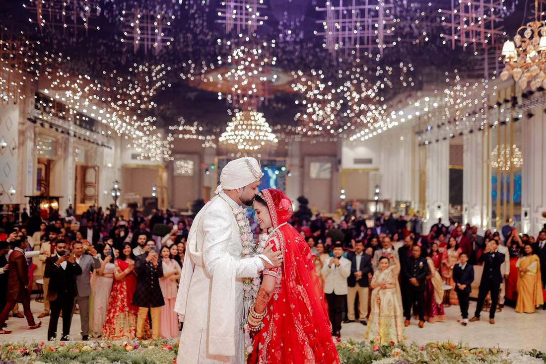 Couple's first dance under twinkling lights